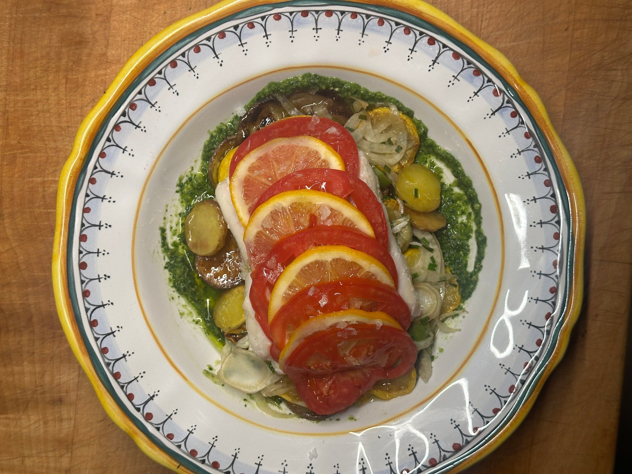 Chef Nicolette's Halibut En Papillote with Summer Vegetables & Pesto